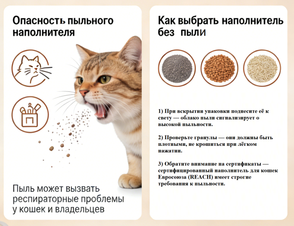 Почему пыльный наполнитель для кошек опасен? Как выбрать наполнитель без пыли.
