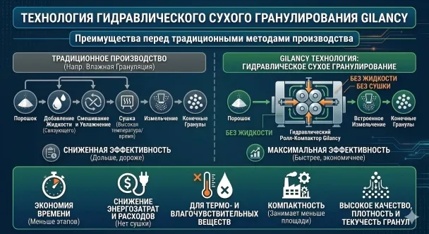 Инфографика преимуществ технологии гидравлического сухого гранулирования Gilancy для наполнителей премиум-класса