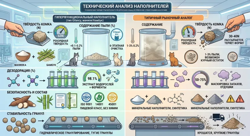 Технические параметры наполнителя для кошек Gilancy и сравнение с рыночными аналогами