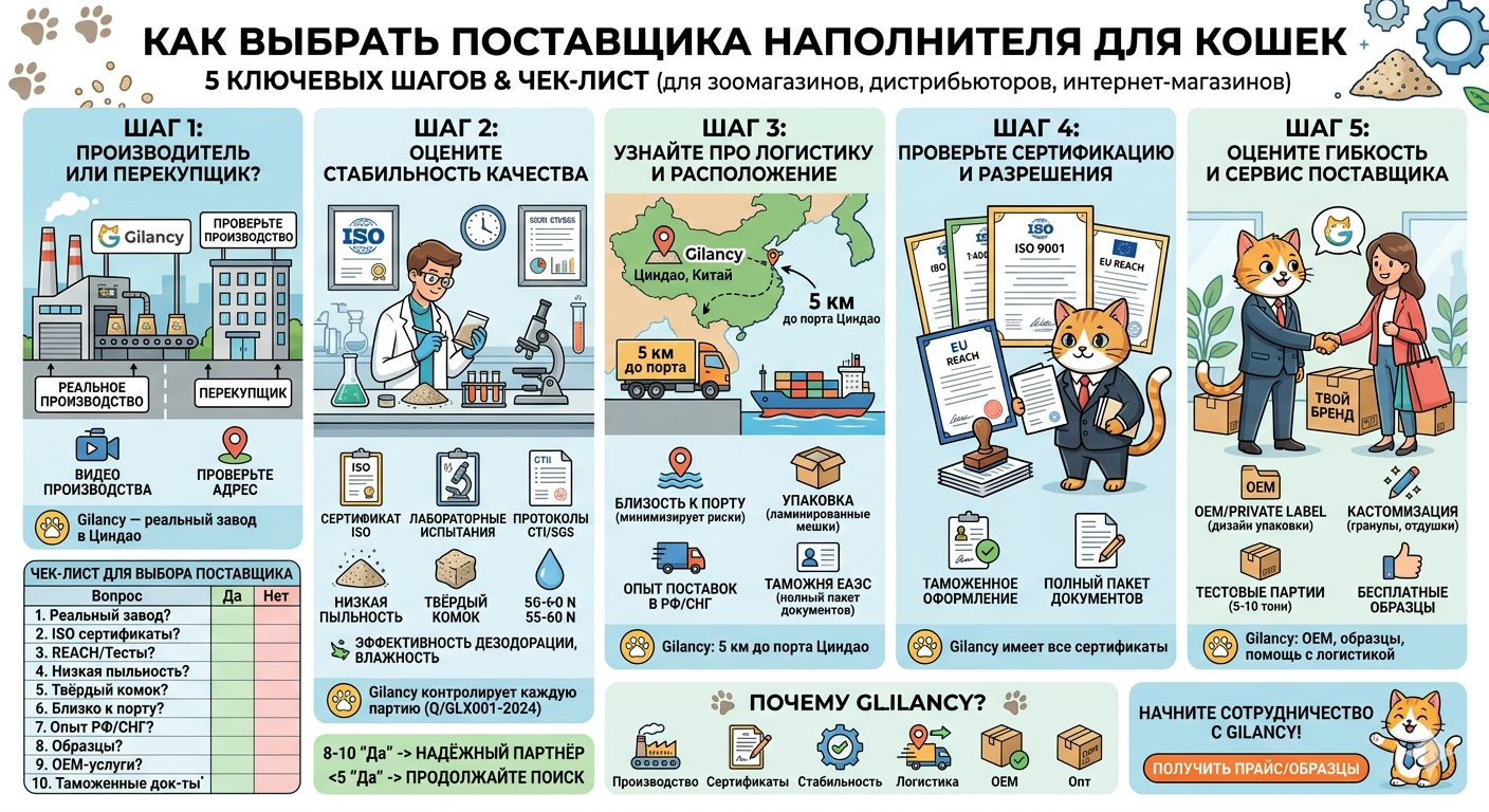 Как выбрать надёжного поставщика наполнителя для кошачьих туалетов: 5 ключевых шагов
