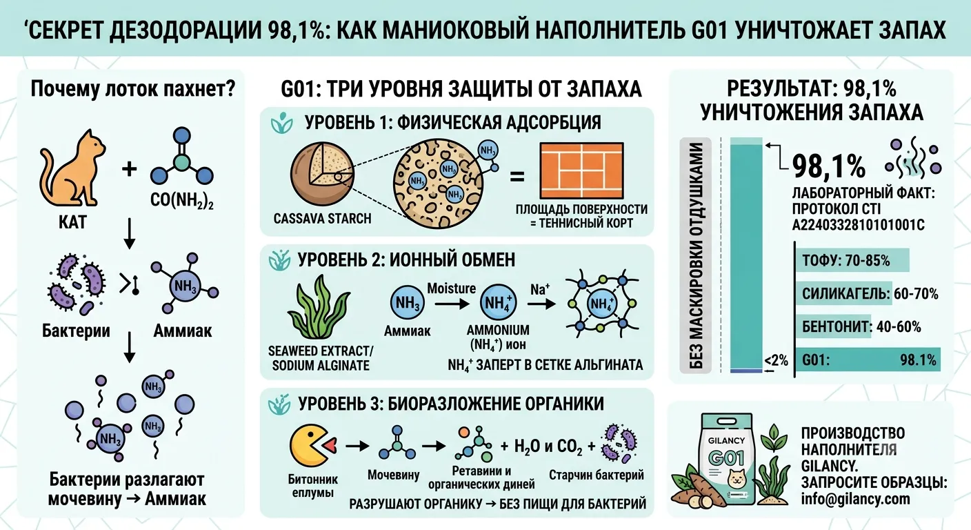 Секрет дезодорации 98,1%: как маниоковый наполнитель G01 уничтожает запах